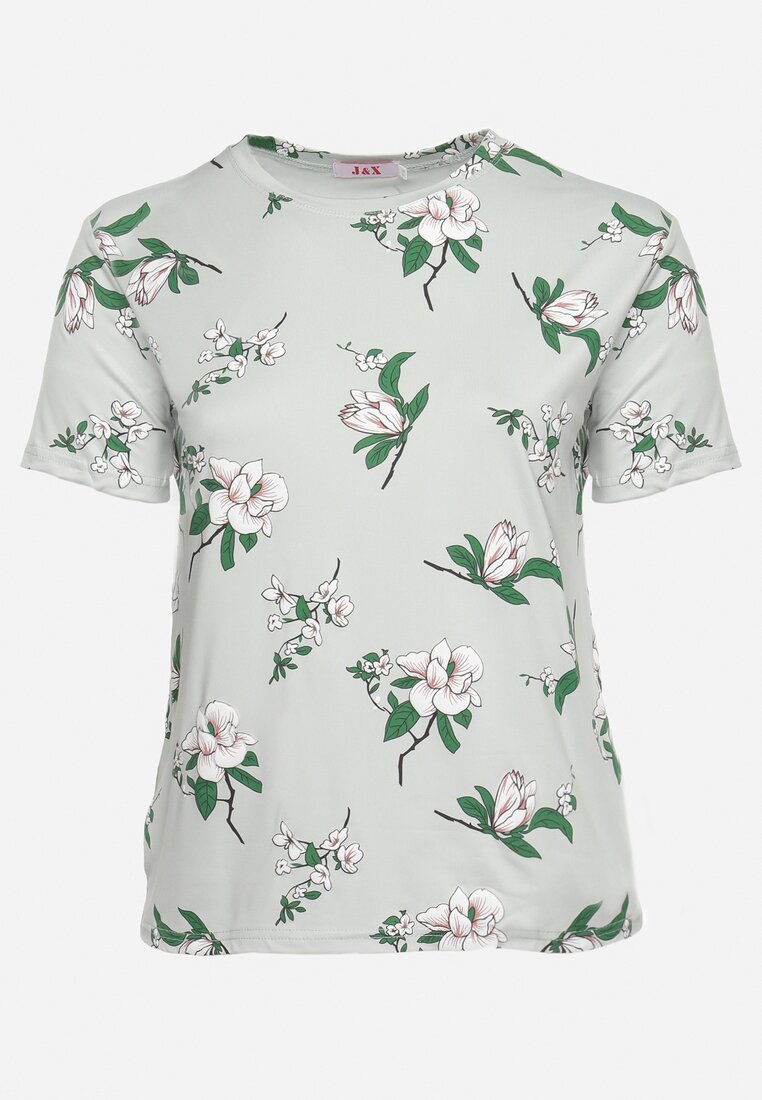 Miętowy T-shirt Koszulka z Krótkim Rękawem w Kwiaty Henubia