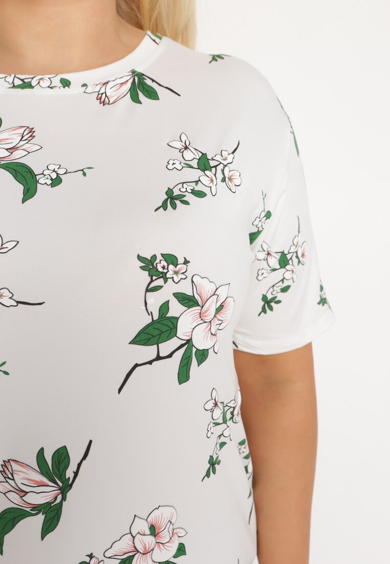 Biały T-shirt Koszulka z Krótkim Rękawem w Kwiaty Henubia