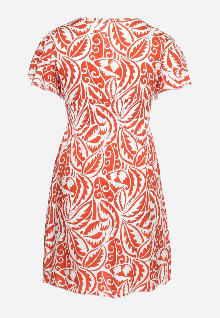 Pomarańczowo-Biała Sukienka z Wiskozy z Kopertowym Dekoltem o Rozkloszowanym Fasonie Jeteria
