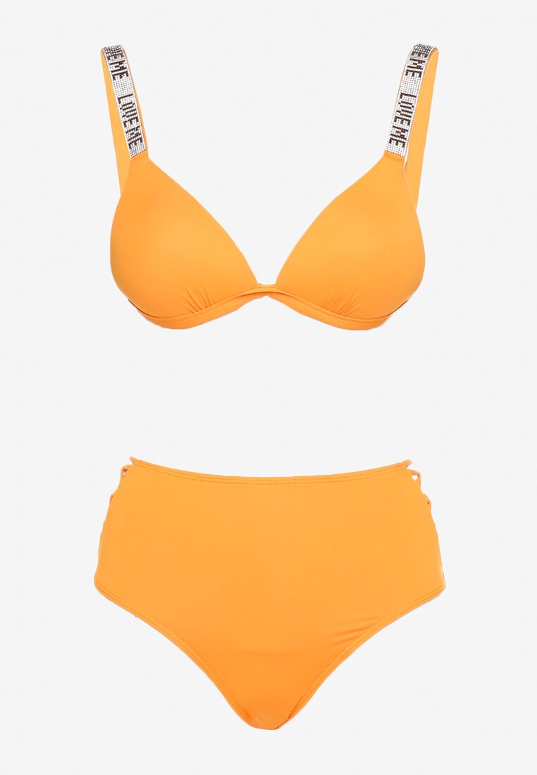 Pomarańczowe Bikini Biustonosz na Regulowanych Ramiączkach z Cyrkoniami Majtki ze Sznurkiem Urubia