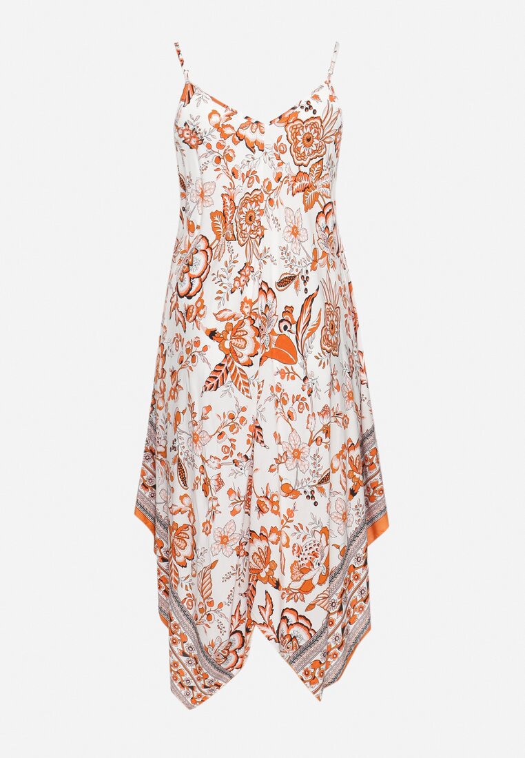 Biało-Pomarańczowa Wiskozowa Sukienka o Asymetrycznym Kroju na Ramiączkach Zanolia