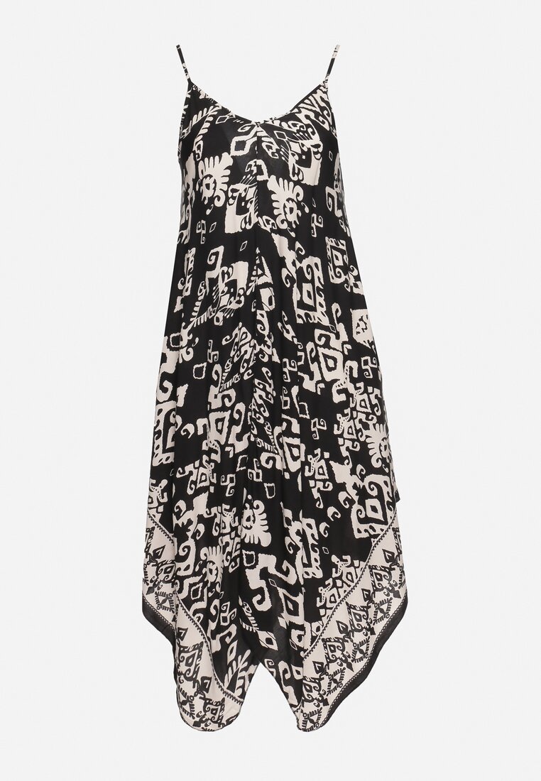 Czarno-Biała Sukienka z Wiskozy o Asymetrycznym Fasonie na Ramiączkach w Abstrakcyjny Wzór Xapolia