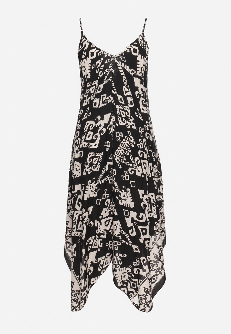 Czarno-Biała Sukienka z Wiskozy o Asymetrycznym Fasonie na Ramiączkach w Abstrakcyjny Wzór Xapolia
