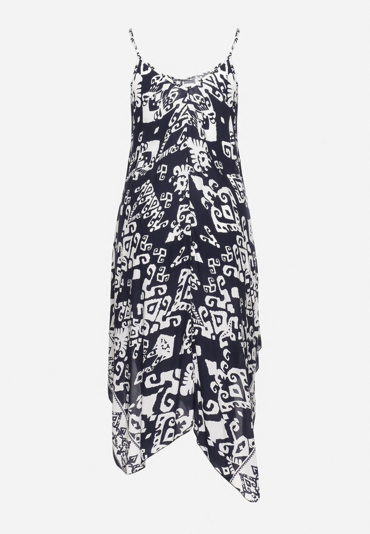 Granatowo-Biała Sukienka z Wiskozy o Asymetrycznym Fasonie na Ramiączkach w Abstrakcyjny Wzór Xapolia