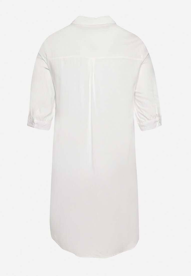 Biała Wiskozowa Sukienka Koszulowa o Trapezowym Fasonie z Kołnierzykiem Jolvbia