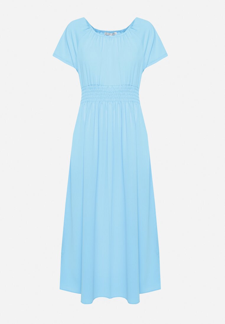 Niebieska Sukienka z Krótkim Rękawem i Gumką w Pasie Oilleria