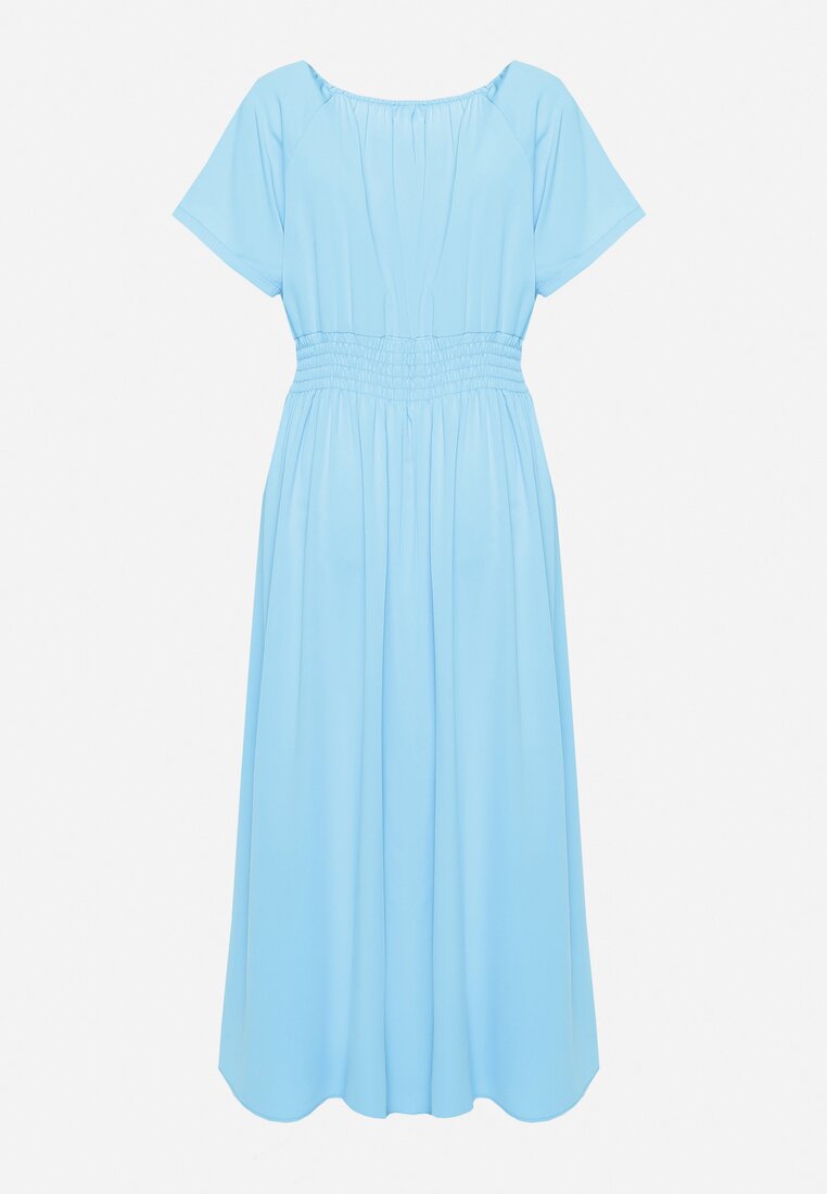 Niebieska Sukienka z Krótkim Rękawem i Gumką w Pasie Oilleria