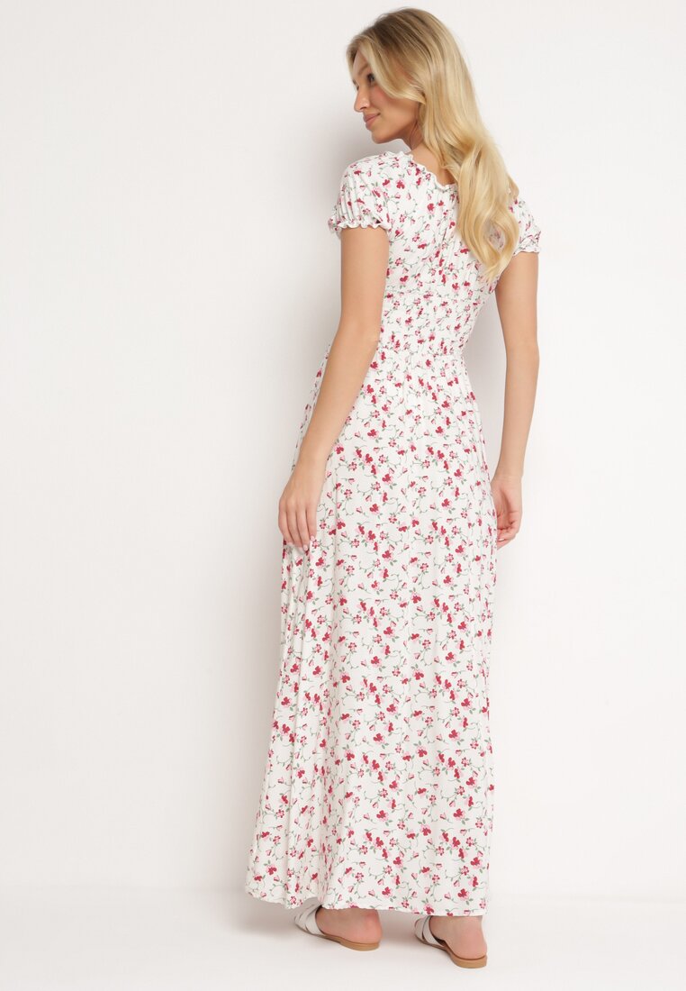 Biało-Różowa Sukienka z Wiskozy z Kopertowym Dekoltem i Gumką w Pasie w Kwiaty Kaseri