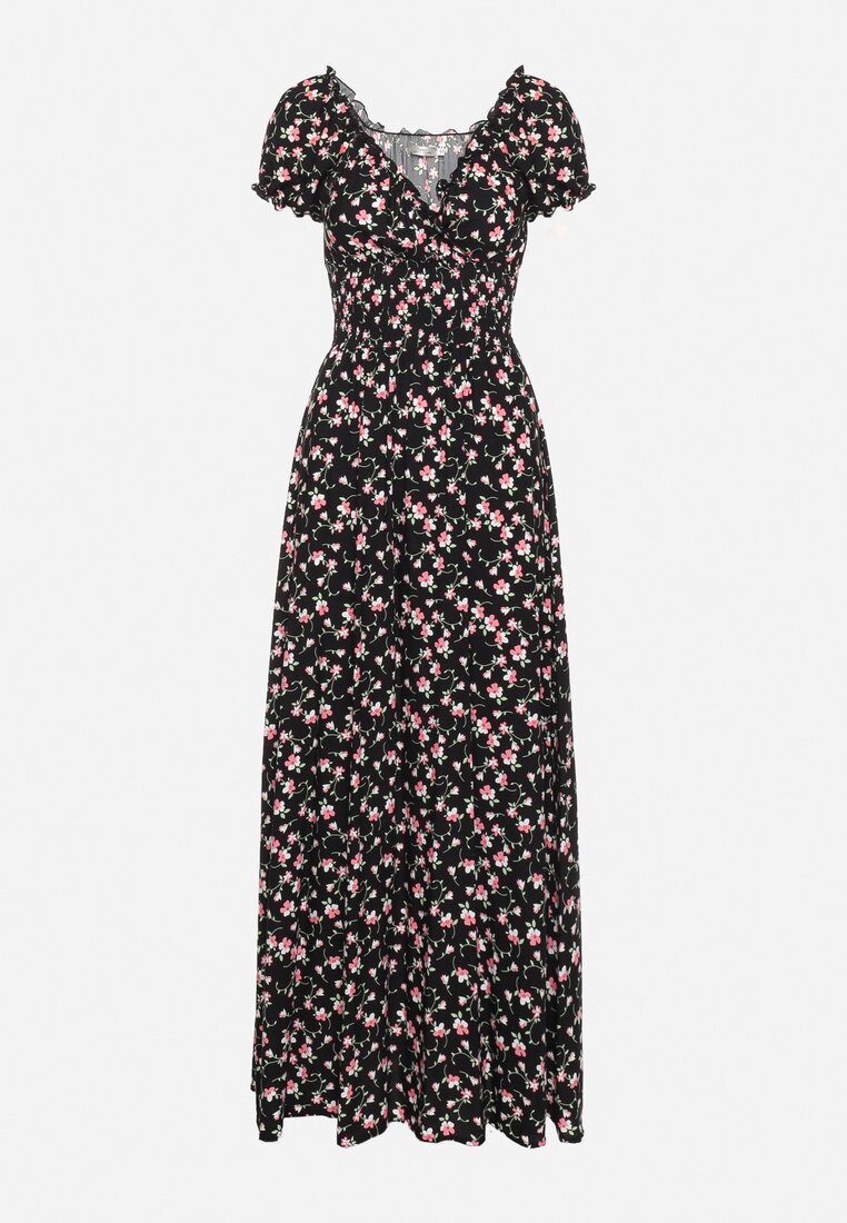 Czarno-Różowa Sukienka z Wiskozy z Kopertowym Dekoltem i Gumką w Pasie w Kwiaty Kaseri