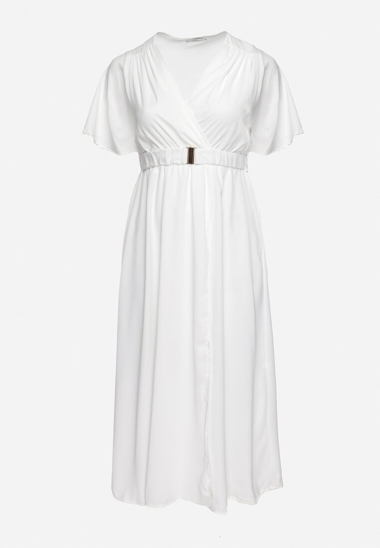 Biała Sukienka z Kopertowym Dekoltem z Gumką w Pasie i Paskiem z Metalową Klamerką Teseri