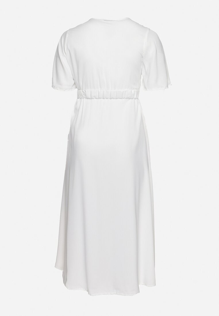 Biała Sukienka z Kopertowym Dekoltem z Gumką w Pasie i Paskiem z Metalową Klamerką Teseri