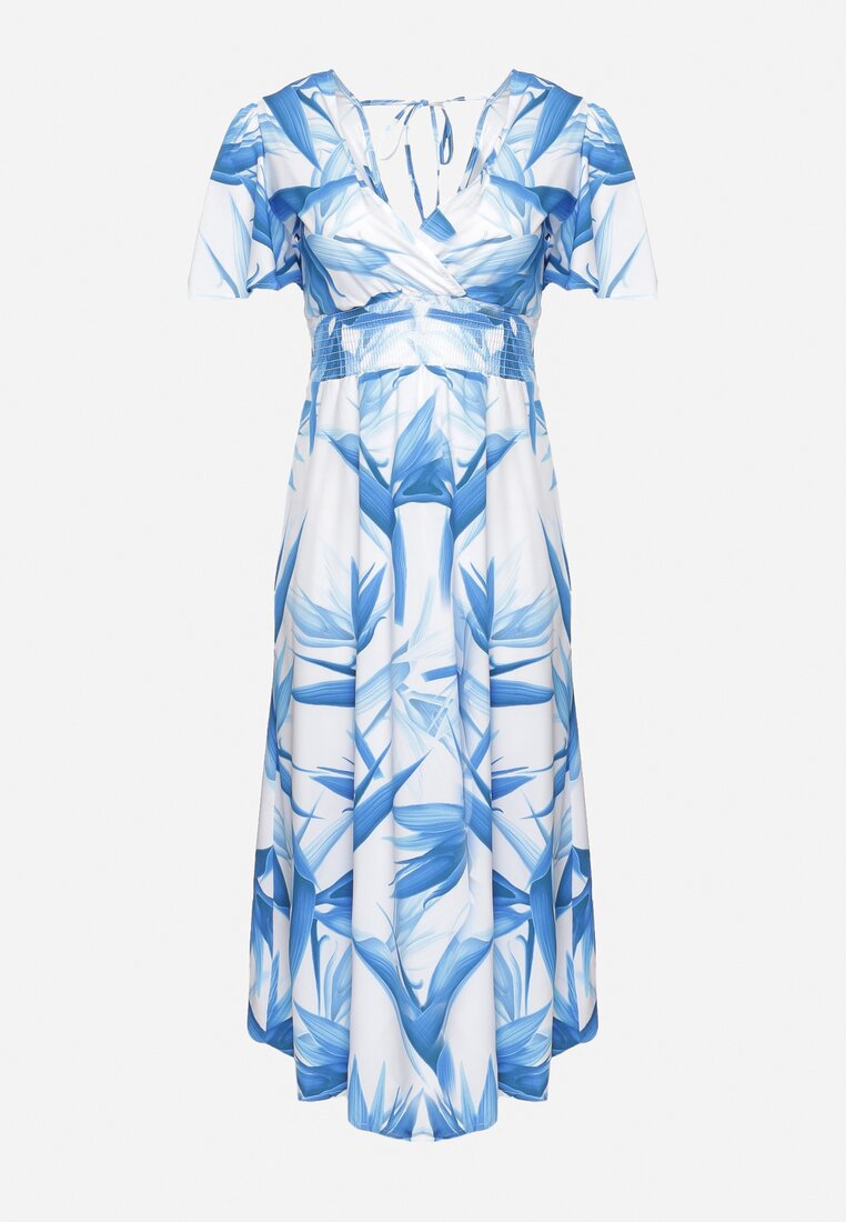 Niebiesko-Biała Sukienka z Kopertowym Dekoltem i Gumką w Pasie Wiązana na Plecach Iberi