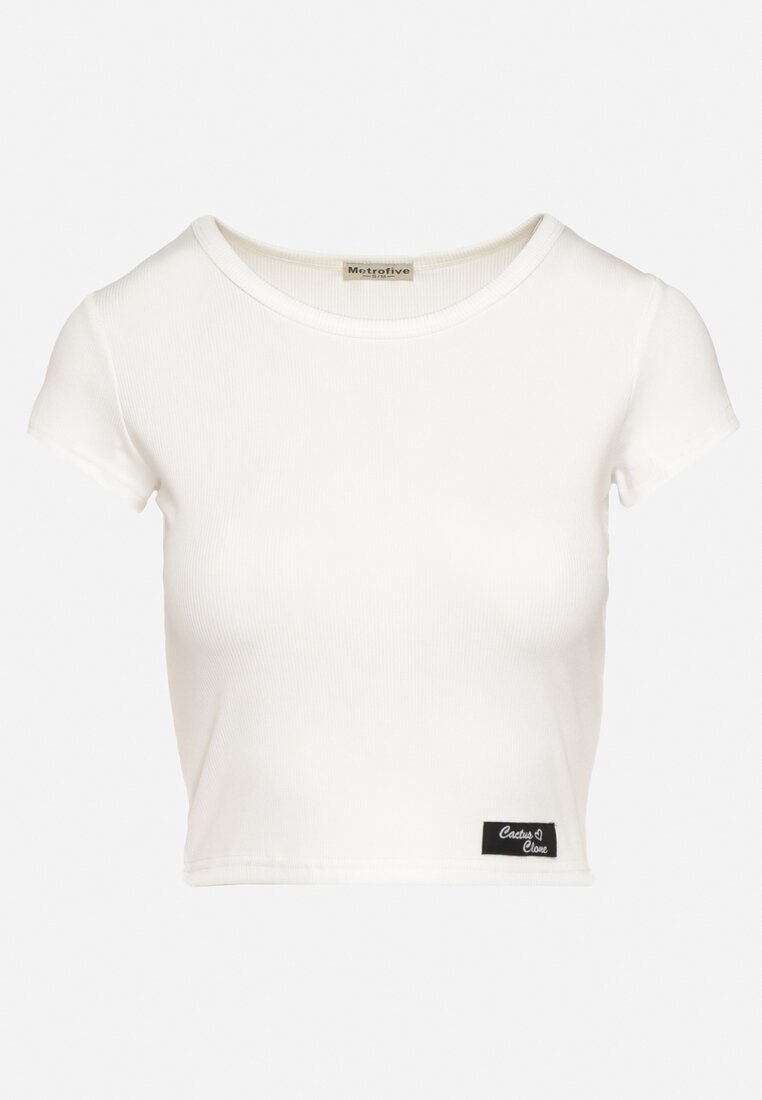 Biała Koszulka T-shirt z Krótkim Rękawem z Prążkowanej Dzianiny Nuvolia