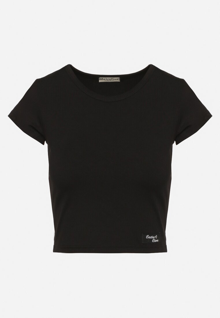 Czarna Koszulka T-shirt z Krótkim Rękawem z Prążkowanej Dzianiny Nuvolia