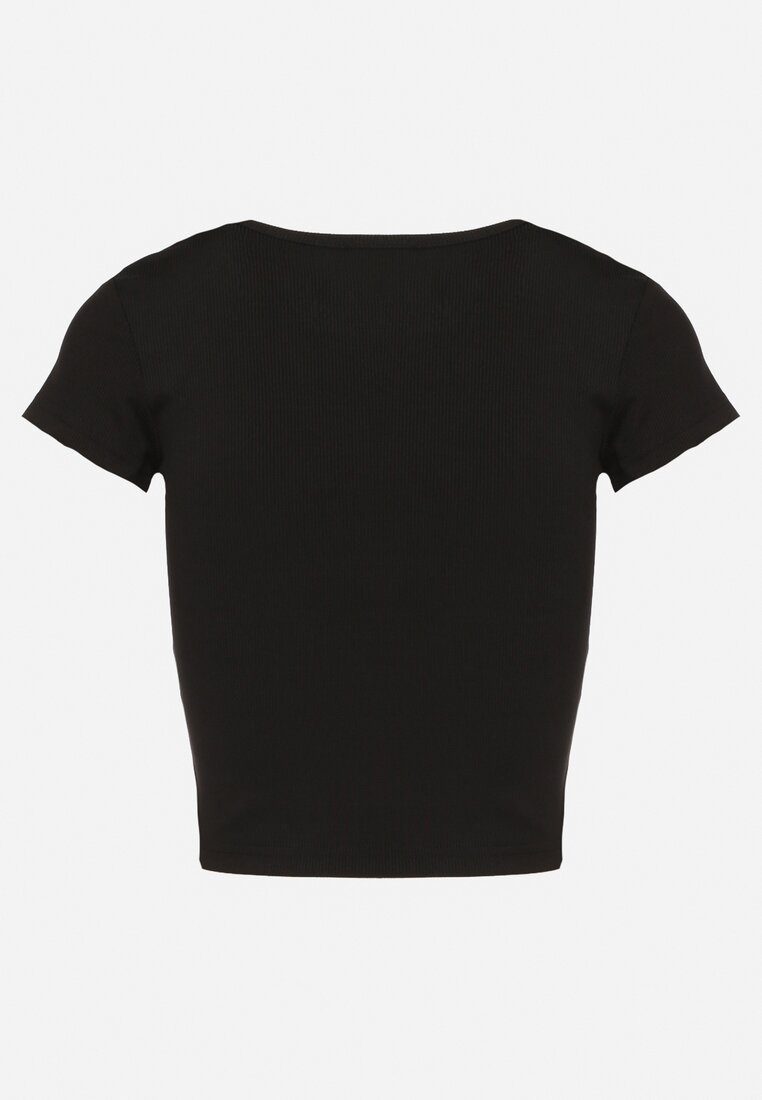 Czarna Koszulka T-shirt z Krótkim Rękawem z Prążkowanej Dzianiny Nuvolia