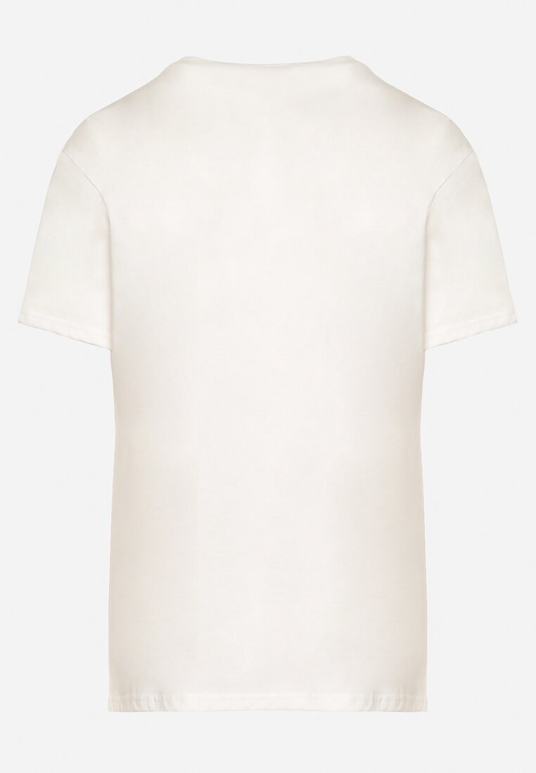 Biały Bawełniany T-shirt z Krótkim Rękawem i Aplikacją w Kształcie Kwiatu z Cyrkoniami Dimantee