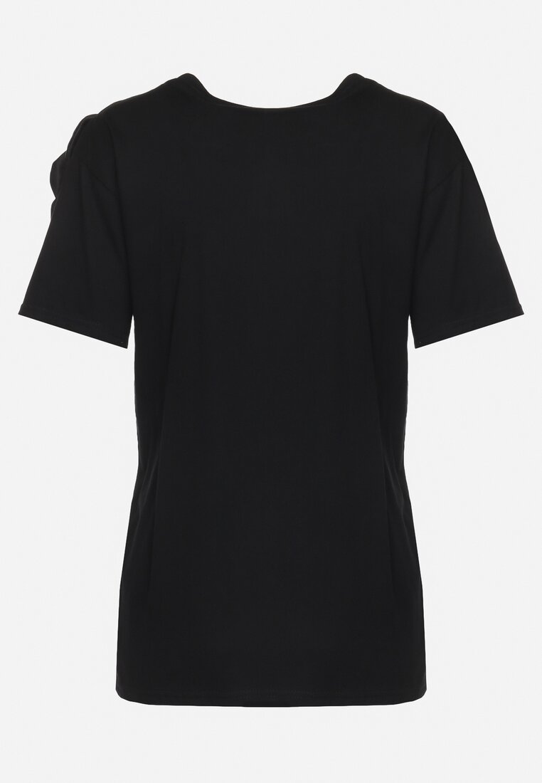 Czarny Bawełniany T-shirt z Krótkim Rękawem i Aplikacją w Kształcie Kwiatu z Cyrkoniami Dimantee
