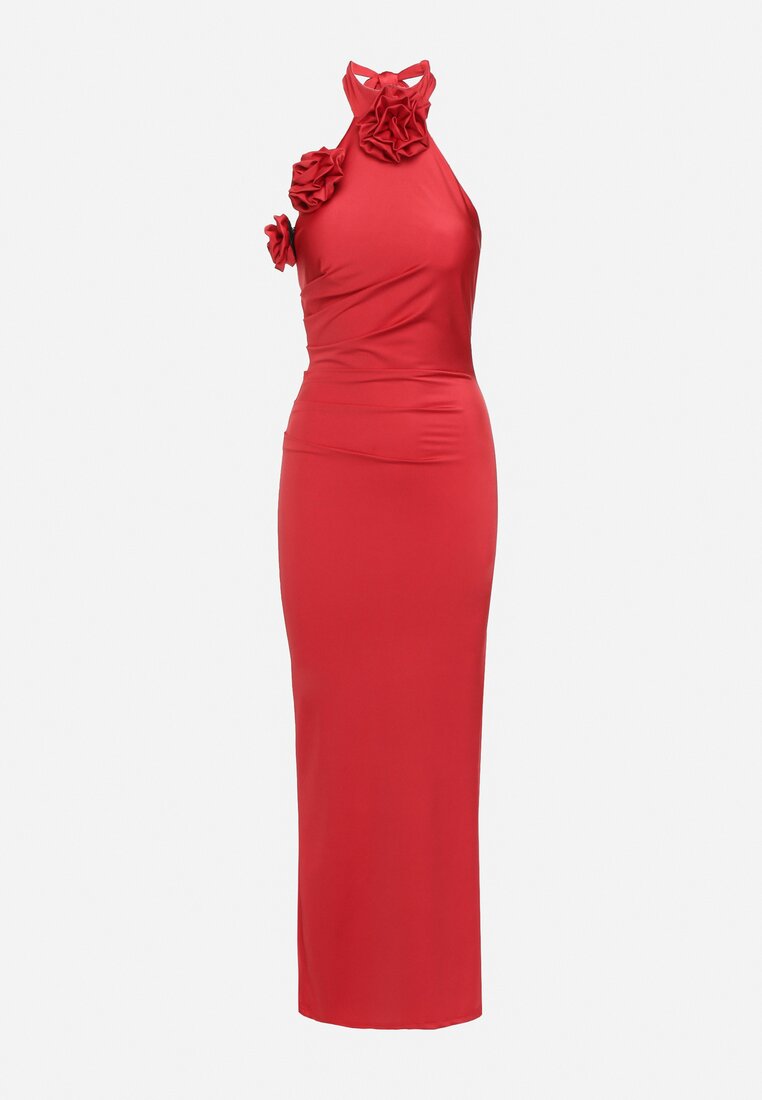 Czerwona Dopasowana Sukienka z Asymetryczną Górą i Aplikacjami w Kształcie Kwiatów Dimabelle