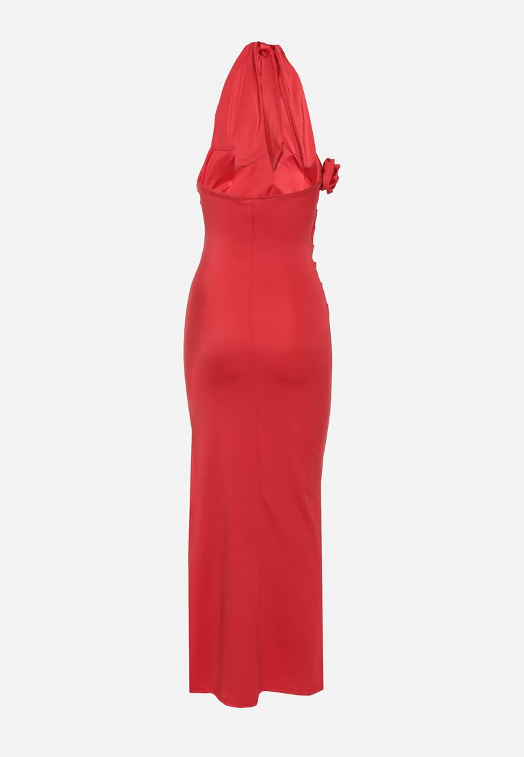 Czerwona Dopasowana Sukienka z Asymetryczną Górą i Aplikacjami w Kształcie Kwiatów Dimabelle
