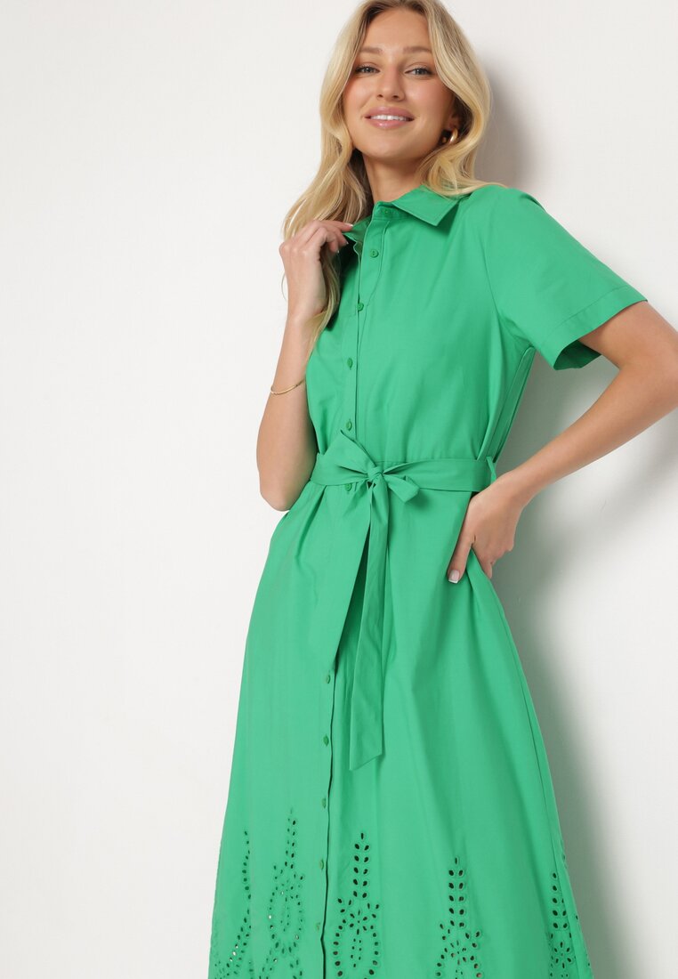Zielona Ażurowa Sukienka z Bawełny Zapinana na Guziki z Materiałowym Paskiem Dimosa