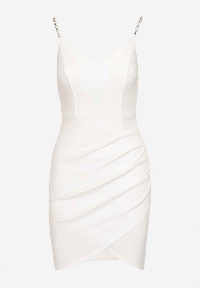 Biała Sukienka Mini na Ozdobnych Ramiączkach z Asymetrycznym Dołem Maffah