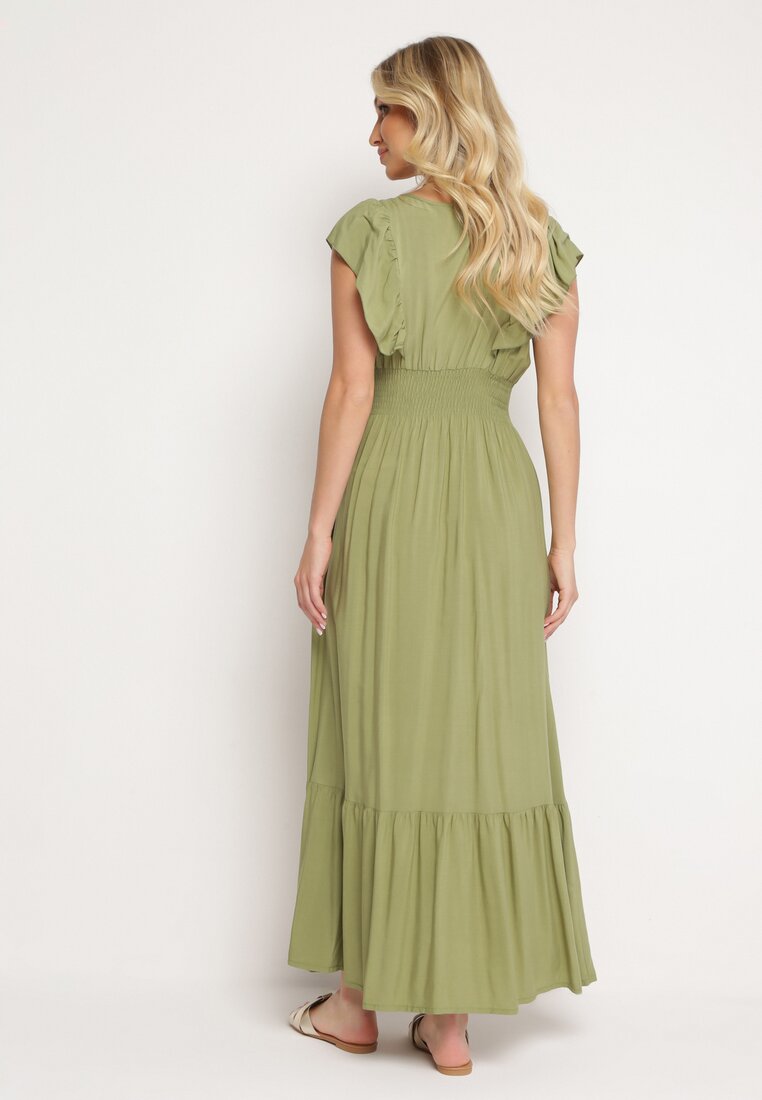 Zielona Rozkloszowana Sukienka z Bawełny z Gumką w Talii i Falbankami Dimissa