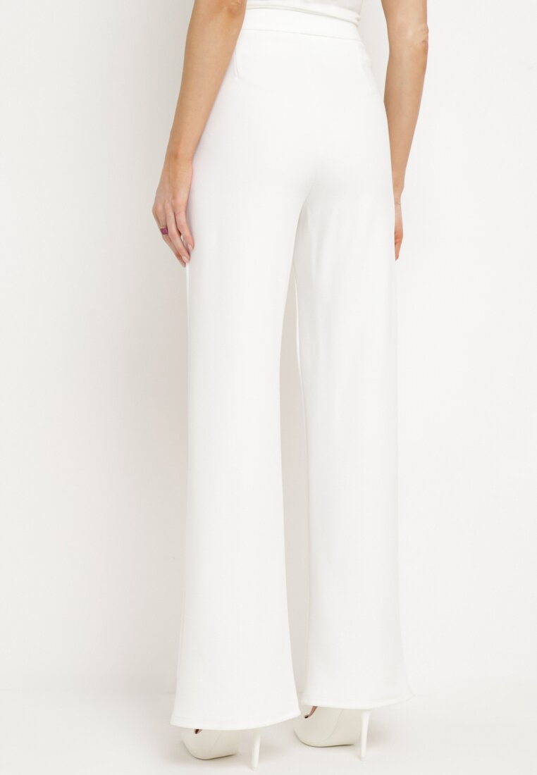 Białe Szerokie Spodnie z Wysokim Stanem i Wiskozą Ozdobione na Dole Rozcięciami Xolea
