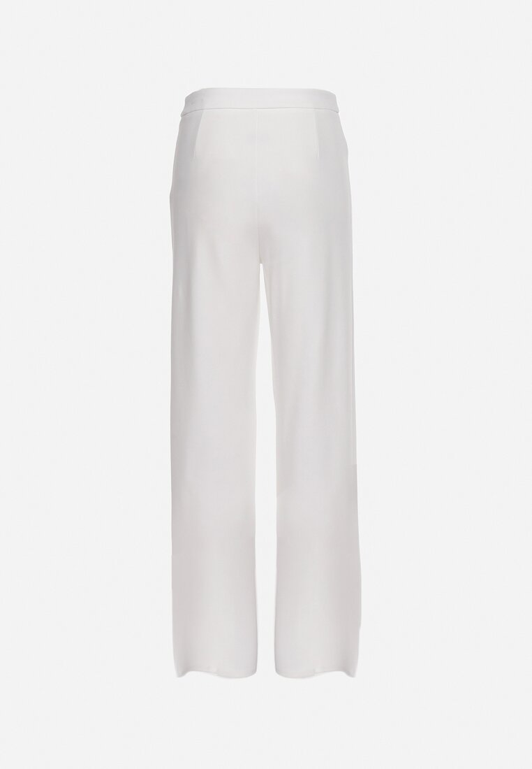 Białe Szerokie Spodnie z Wysokim Stanem i Wiskozą Ozdobione na Dole Rozcięciami Xolea