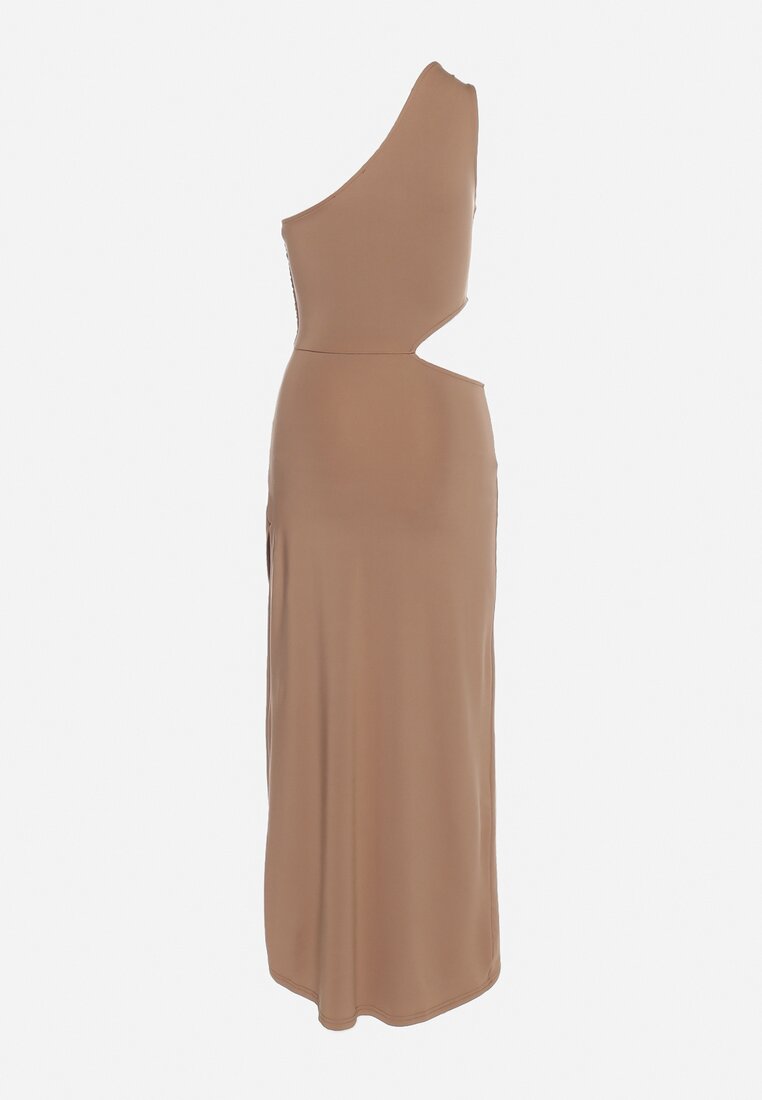 Brązowa Asymetryczna Sukienka Koktajlowa na Jedno Ramię z Wycięciem i Metalową Klamrą Violea