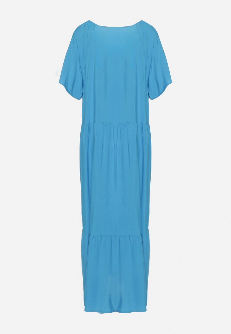 Niebieska Rozkloszowana Sukienka z Wiskozy z Krótkim Rękawem Berantia