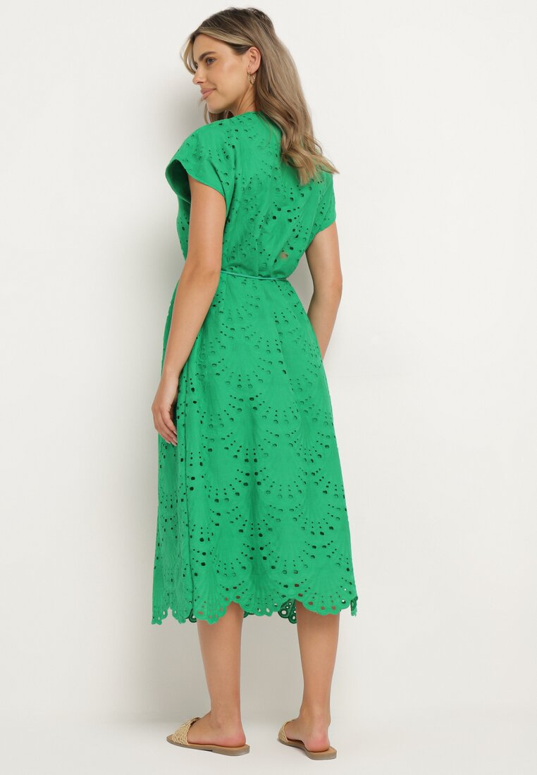 Zielona Sukienka z Bawełny Zdobiona Haftem z Krótkim Rękawem i Materiałowym Paskiem Dimisha