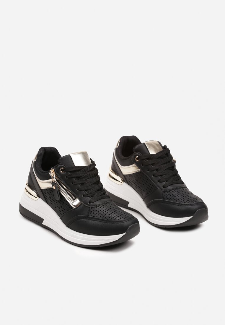 Czarne Sneakersy na Grubej Podeszwie z Metalicznymi Wstawkami Trisstine