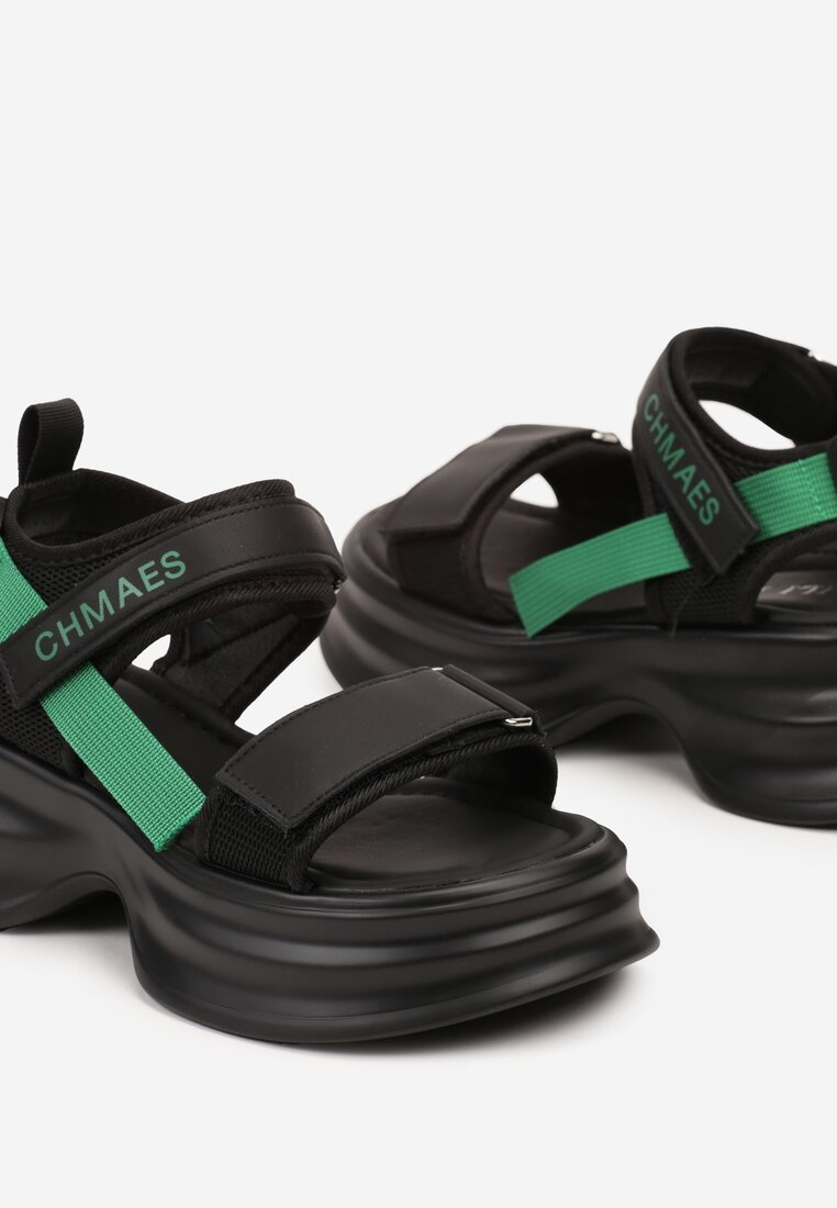 Czarno-Zielone Sandały na Platformie Zapinane na Rzep z Napisem Dimttria