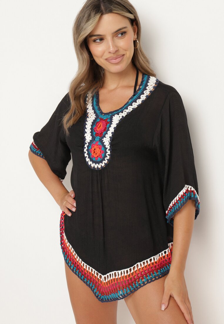 Czarna Boho Bluzka Narzutka z Rękawem 3/4 Dimette