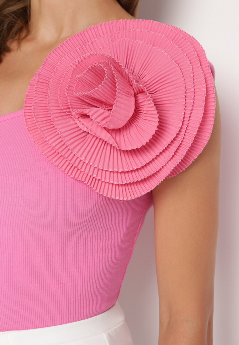 Fuksjowa Asymetryczna Bluzka Top z Bawełny Ozdobiona Kwiatem 3D Ulsavia