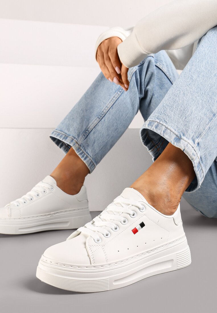 Białe Casualowe Sneakersy na Grubej Podeszwie z Metalicznymi Wstawkami Vailia