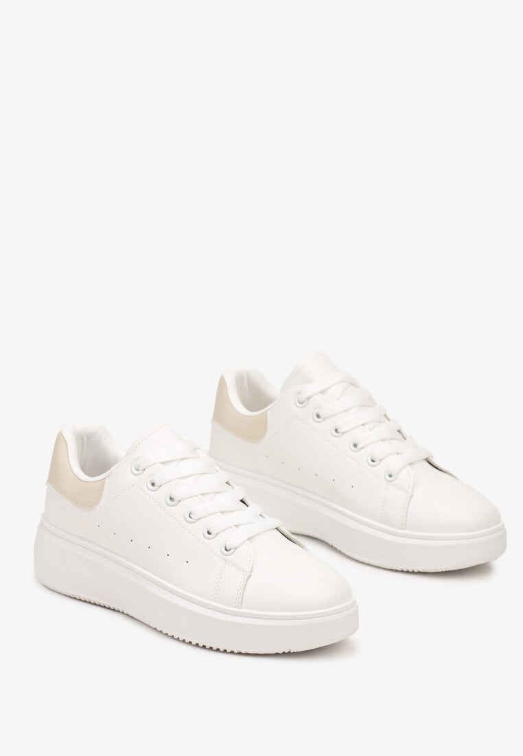 Biało-Beżowe Klasyczne Sznurowane Sneakersy na Grubej Podeszwie Tiadorae