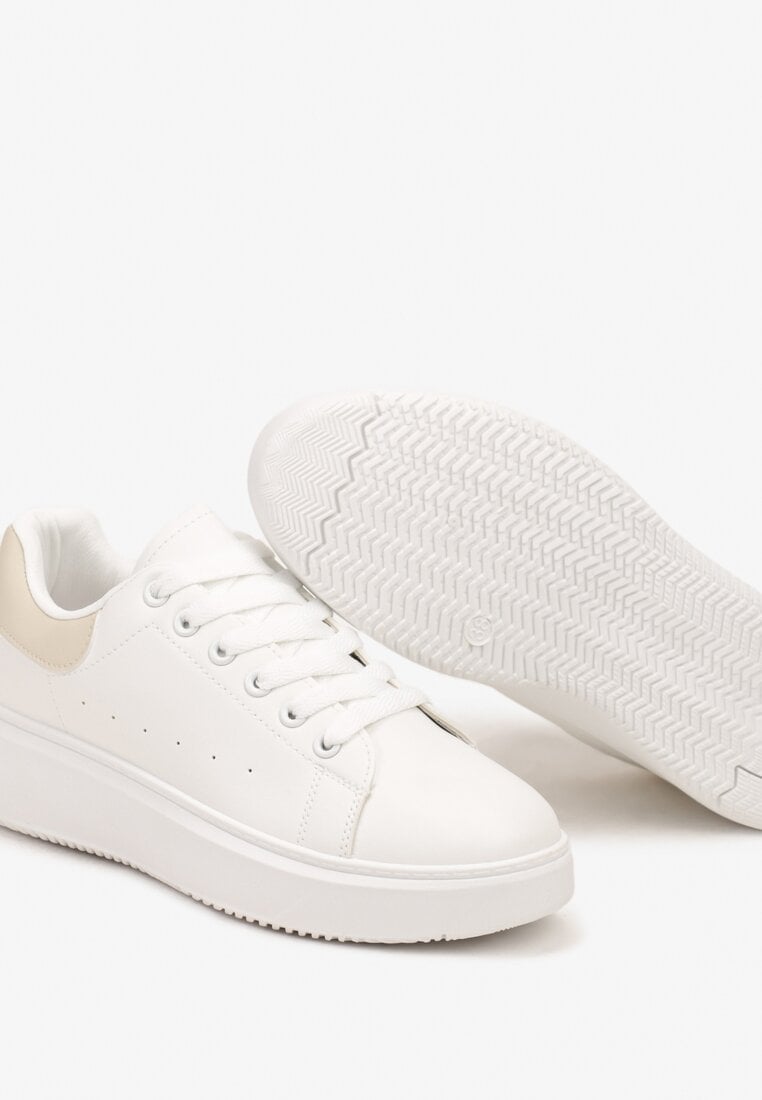 Biało-Beżowe Klasyczne Sznurowane Sneakersy na Grubej Podeszwie Tiadorae