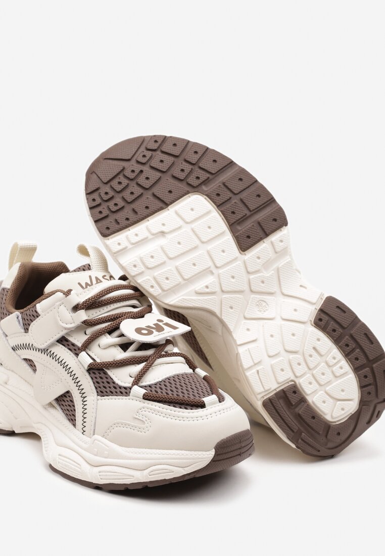 Beżowo-Brązowe Sneakersy na Grubej Podeszwie Zapinane na Rzep z Ozdobnymi Sznurowaniami Testari
