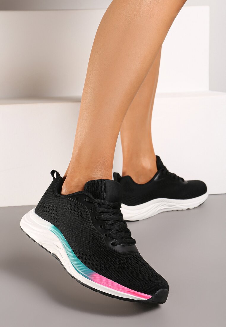 Czarne Płaskie Sznurowane Buty Sportowe Sneakersy Ozdobione Kolorowym Paskiem Risanny