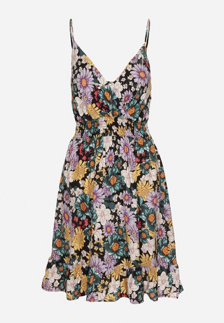 Czarno-Fioletowa Sukienka na Ramiączkach z Gumką w Pasie i Kopertowym Dekoltem Tiamaline