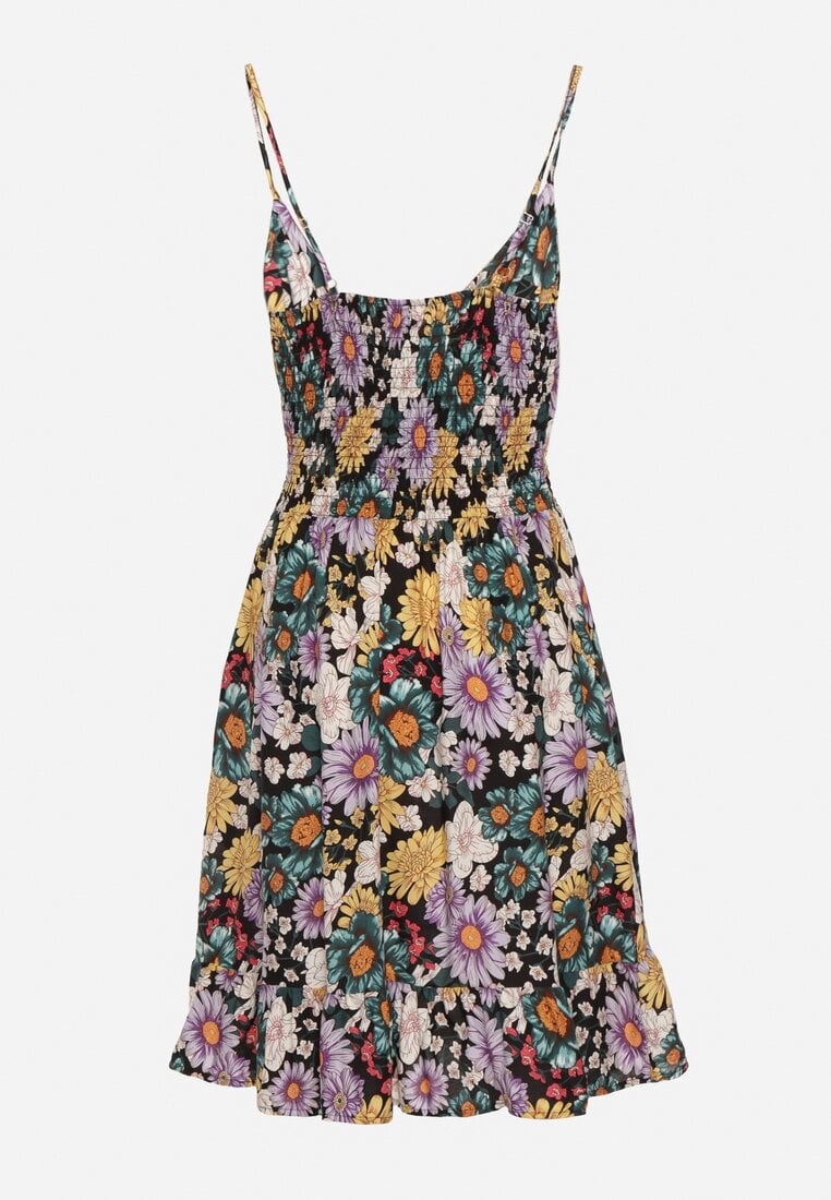 Czarno-Fioletowa Sukienka na Ramiączkach z Gumką w Pasie i Kopertowym Dekoltem Tiamaline