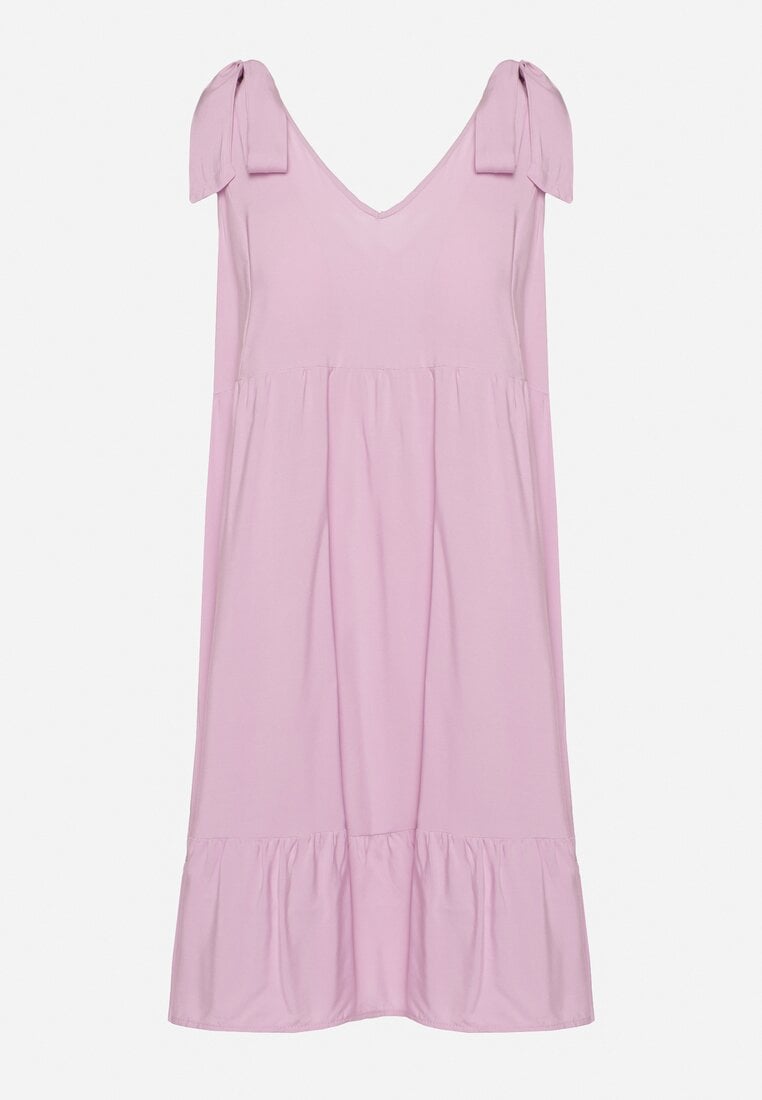Fioletowa Sukienka na Wiązanych Ramiączkach o Rozkloszowanym Kroju z Trójkątnym Dekoltem Tiamaty