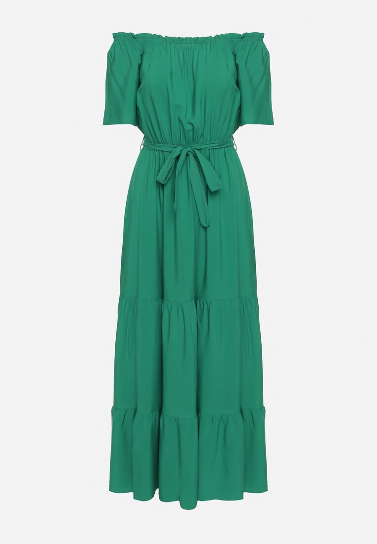 Zielona Sukienka Typu Hiszpanka z Gumką w Talii i Materiałowym Paskiem Tiamarae