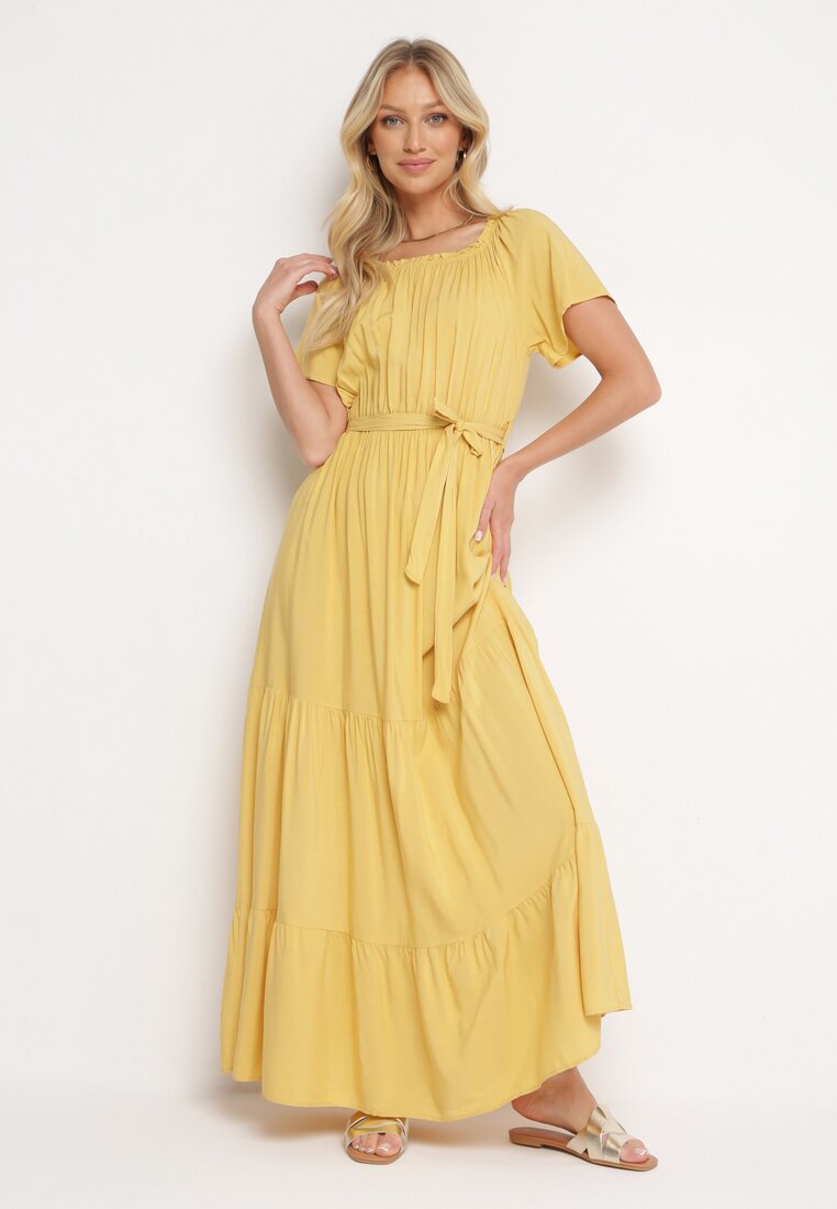 Żółta Sukienka Typu Hiszpanka z Gumką w Talii i Materiałowym Paskiem Tiamarae