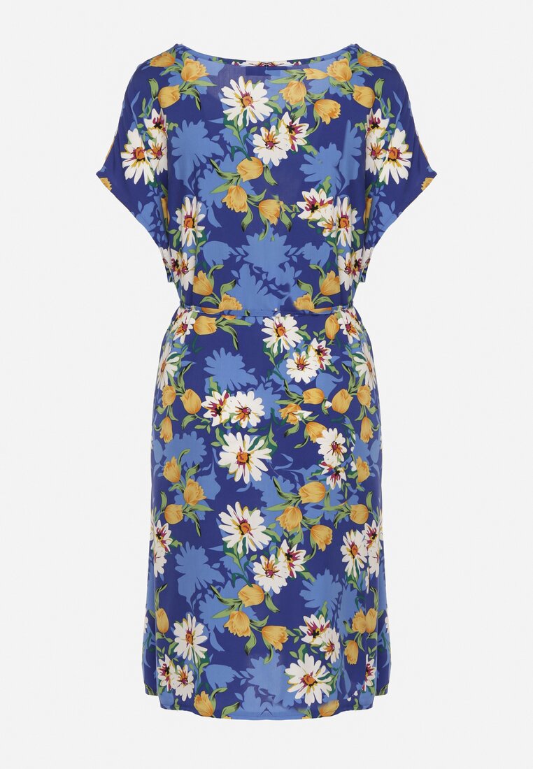 Niebiesko-Granatowa Wiskozowa Sukienka w Kwiaty z Materiałowym Paskiem w Talii Aristina