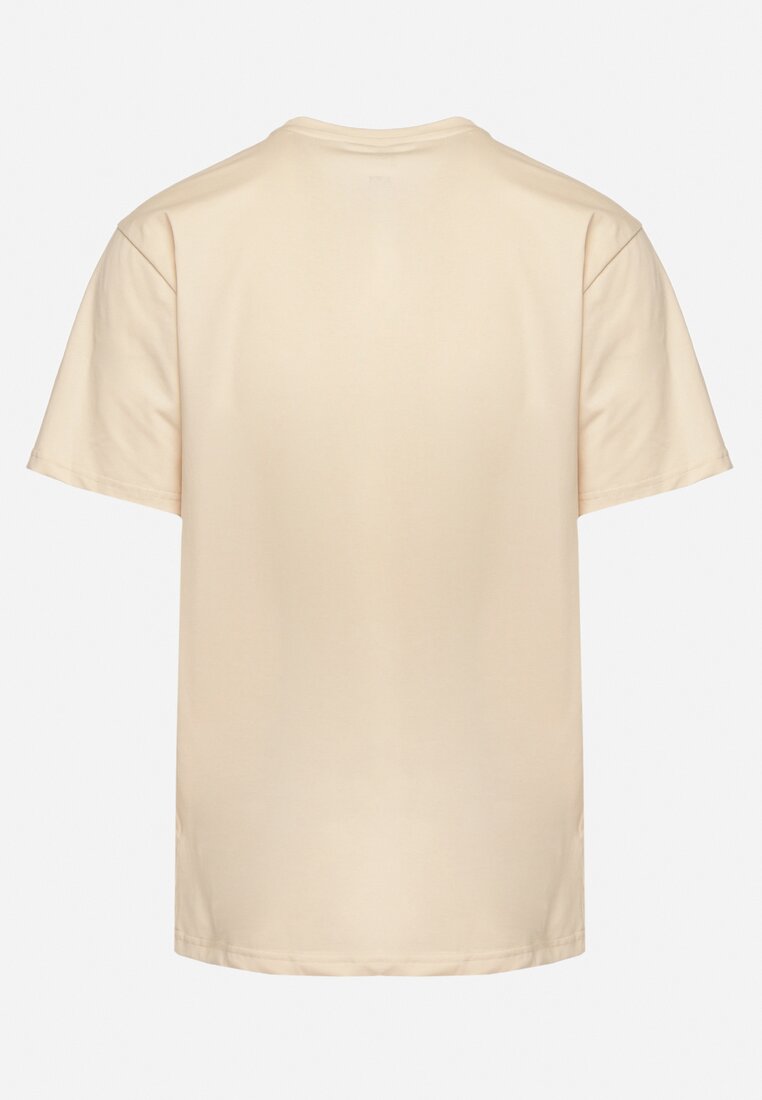Beżowa Bawełniana Koszulka T-Shirt z Krótkim Rękawem i Ozdobnym Nadrukiem Branessa