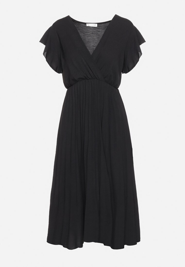 Czarna Plisowana Sukienka z Kopertowym Dekoltem i Gumką w Talii Waretta