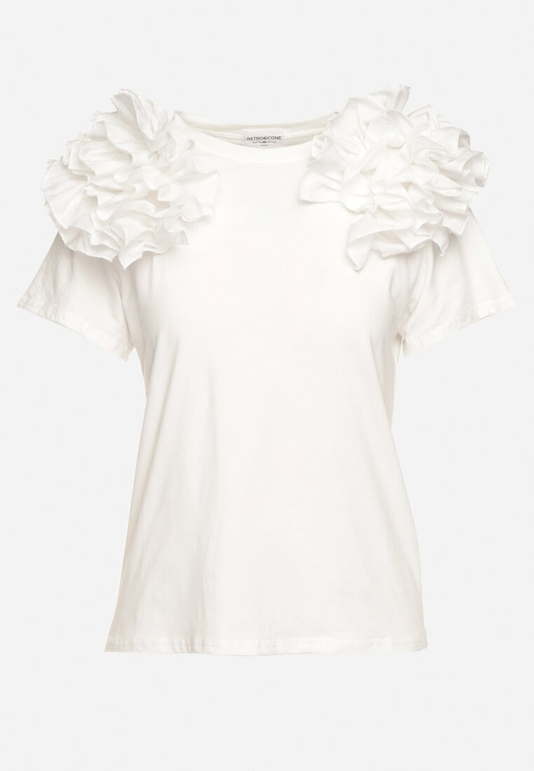 Biały Bawełniany T-shirt Koszulka z Krótkim Rękawem Ozdobiona Aplikacją z Falbankami Aristine