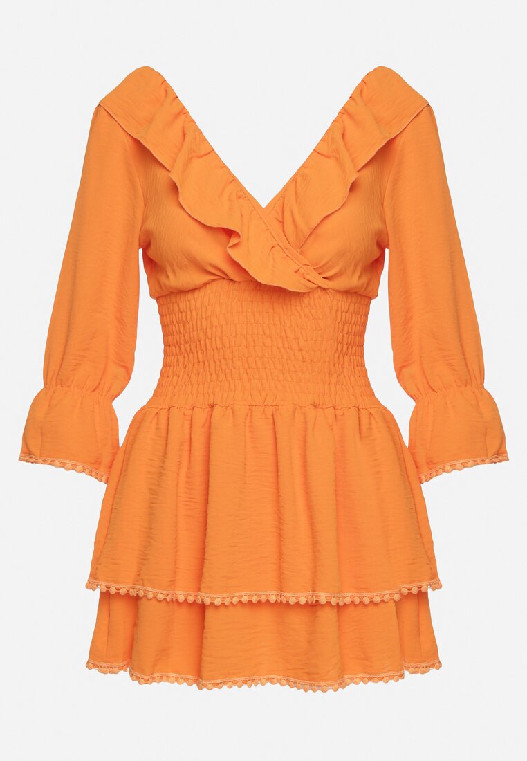 Pomarańczowa Sukienka z Kopertowym Dekoltem i Gumką w Pasie Ozdobiona Falbanką Tesalie